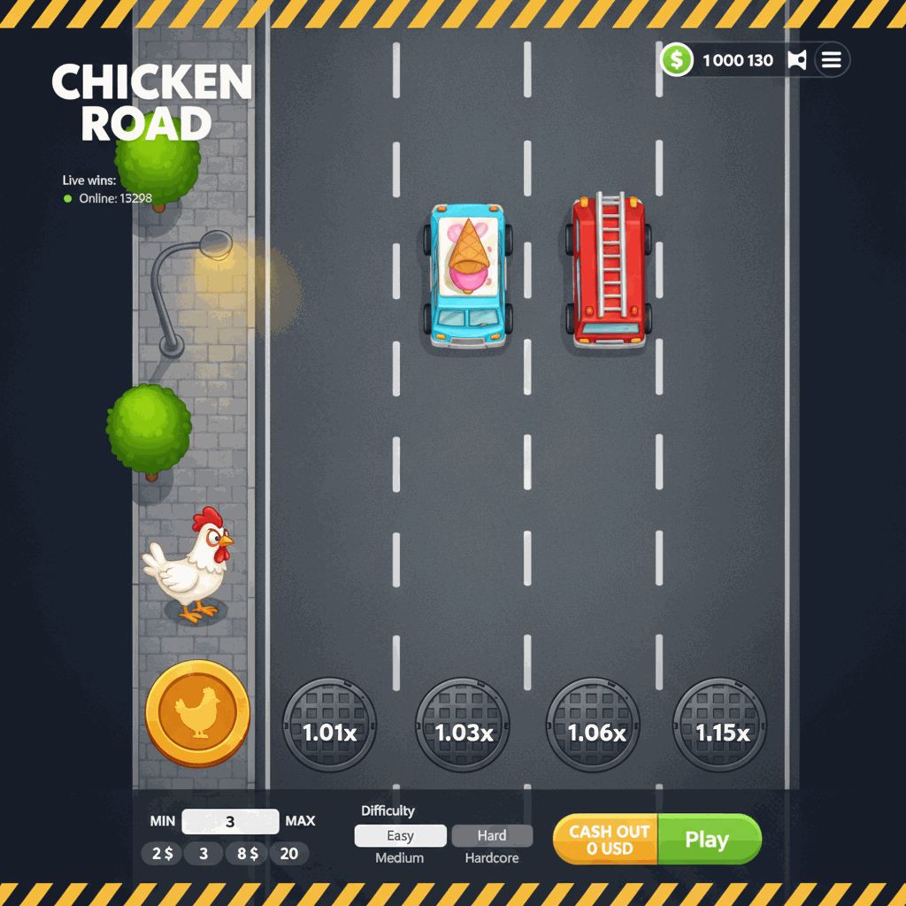 Schermata di gioco Chicken Road con pollo cartoon che attraversa una strada multi-corsia vista dall'alto, marcatori circolari dei moltiplicatori su ogni corsia, interfaccia con pulsanti di scommessa e controlli di difficoltà, grafica in stile casual con lampione e alberi sul marciapiede